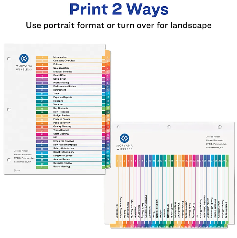 Avery® Ready Index® Binder Dividers, Customizable Table Of Contents, 31 Tab, Multicolor, Set Of 6 Sets