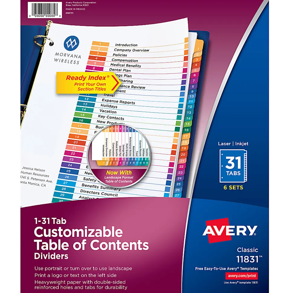 Avery® Ready Index® Binder Dividers, Customizable Table Of Contents, 31 Tab, Multicolor, Set Of 6 Sets