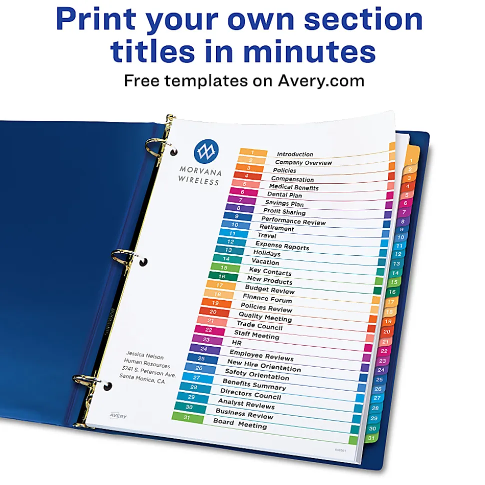 Avery® Ready Index® Binder Dividers, Customizable Table Of Contents, 31 Tab, Multicolor, Set Of 6 Sets