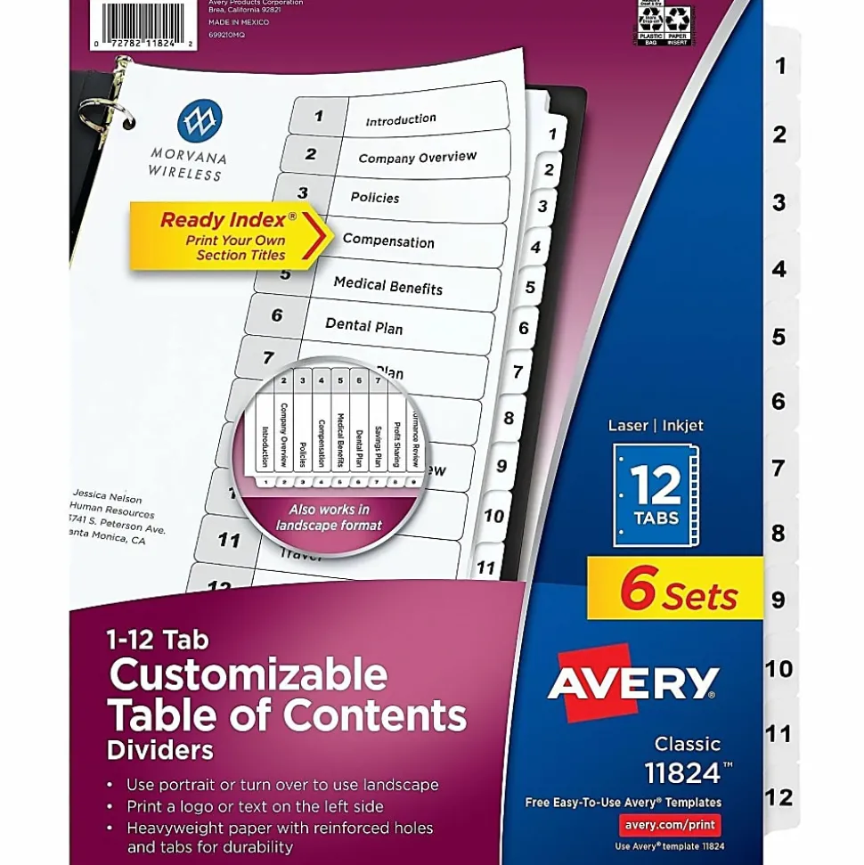 Avery® Ready Index Binder Dividers, 8-1/2" x 11", White, 12 Tabs Per Pack, Set Of 6 Packs