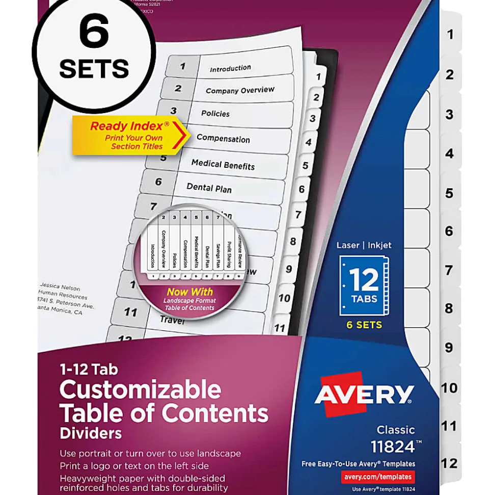 Avery® Ready Index Binder Dividers, 8-1/2" x 11", White, 12 Tabs Per Pack, Set Of 6 Packs
