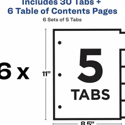 Avery Ready Index Classification Folder Binder Dividers, 8-1/2" x 11, White, 5 Dividers Per Set, Pack Of 6 Sets
