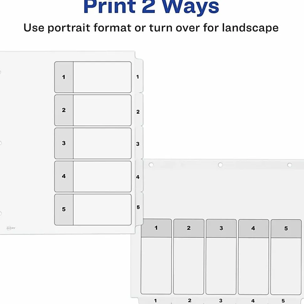Avery Ready Index Classification Folder Binder Dividers, 8-1/2" x 11, White, 5 Dividers Per Set, Pack Of 6 Sets