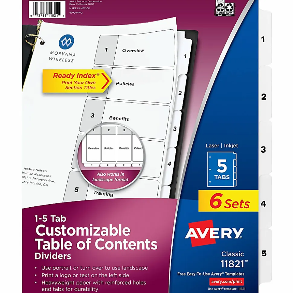 Avery Ready Index Classification Folder Binder Dividers, 8-1/2" x 11, White, 5 Dividers Per Set, Pack Of 6 Sets