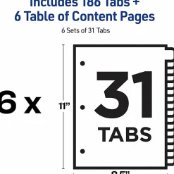Avery® Ready Index® Dividers, 1-31 Tab & Customizable Table Of Contents, Letter Size, Black/White ,31 Dividers Per Pack, Set Of 6 Packs