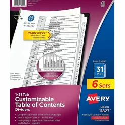Avery® Ready Index® Dividers, 1-31 Tab & Customizable Table Of Contents, Letter Size, Black/White ,31 Dividers Per Pack, Set Of 6 Packs