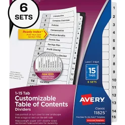 Avery® Ready Index® Dividers, 1-15 Tab & Customizable Table Of Contents, Letter Size, Black/White ,15 Tabs Per Pack, Set Of 6 Packs