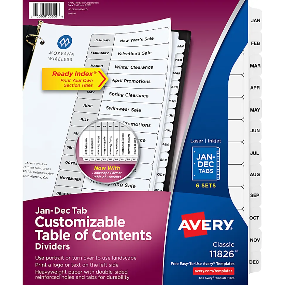 Avery® Ready Index® Jan-Dec Binder Dividers With Customizable Table of Contents, 8-1/2” x 11”, 12 Tabs Per Set, Classic White Tabs, Pack Of 6 Sets