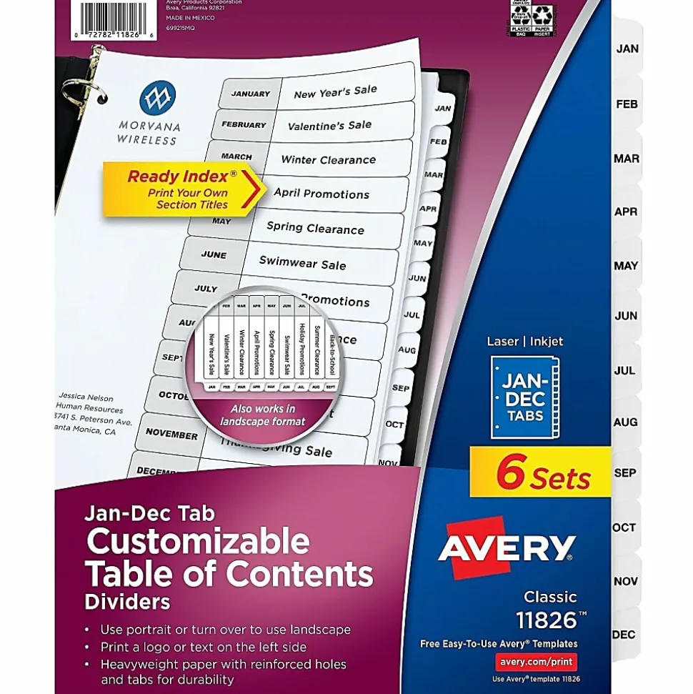 Avery® Ready Index® Jan-Dec Binder Dividers With Customizable Table of Contents, 8-1/2” x 11”, 12 Tabs Per Set, Classic White Tabs, Pack Of 6 Sets