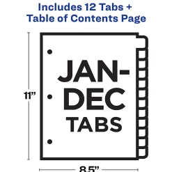 Avery® Ready Index® Jan-Dec Tab With Customizable Table Of Contents Binder Dividers, 8-1/2