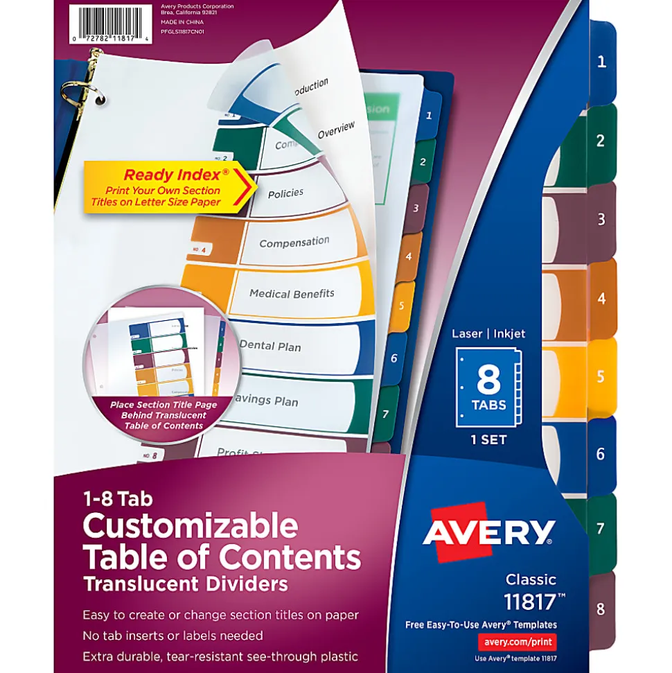 Avery® Ready Index® Plastic Dividers, 8-Tab & Table Of Contents, Multicolor