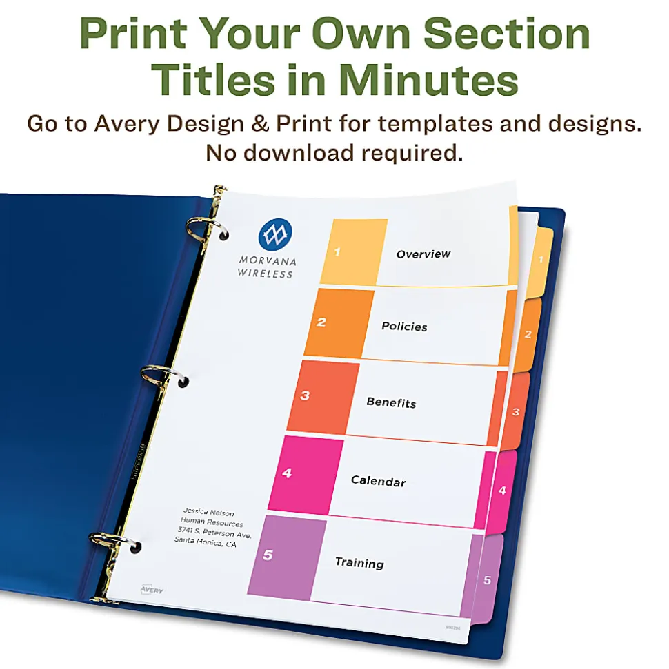 Avery® Ready Index® 100% Recycled Dividers, 1-5 Tabs & Customizable Table Of Contents, Letter Size, White Dividers/Multicolor Tabs, Pack Of 3 Sets