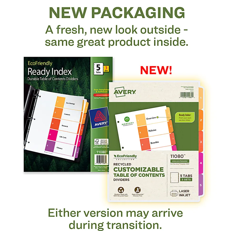 Avery® Ready Index® 100% Recycled Dividers, 1-5 Tabs & Customizable Table Of Contents, Letter Size, White Dividers/Multicolor Tabs, Pack Of 3 Sets