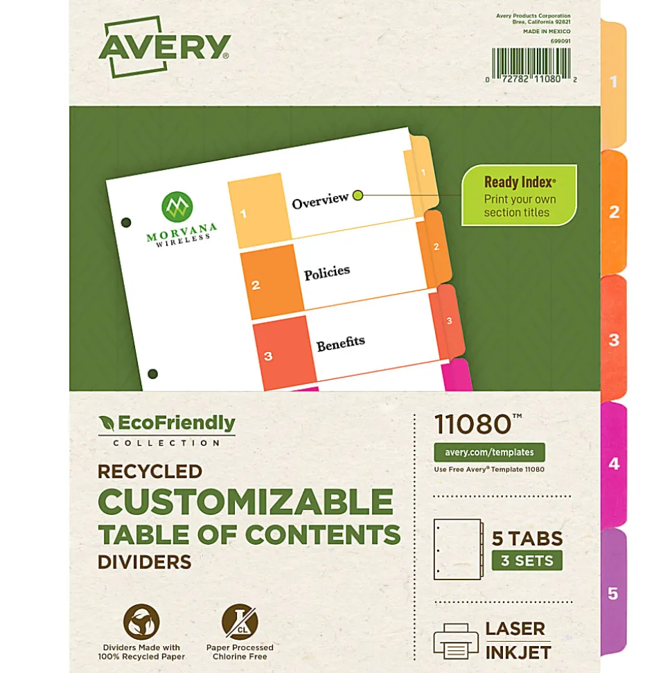 Avery® Ready Index® 100% Recycled Dividers, 1-5 Tabs & Customizable Table Of Contents, Letter Size, White Dividers/Multicolor Tabs, Pack Of 3 Sets
