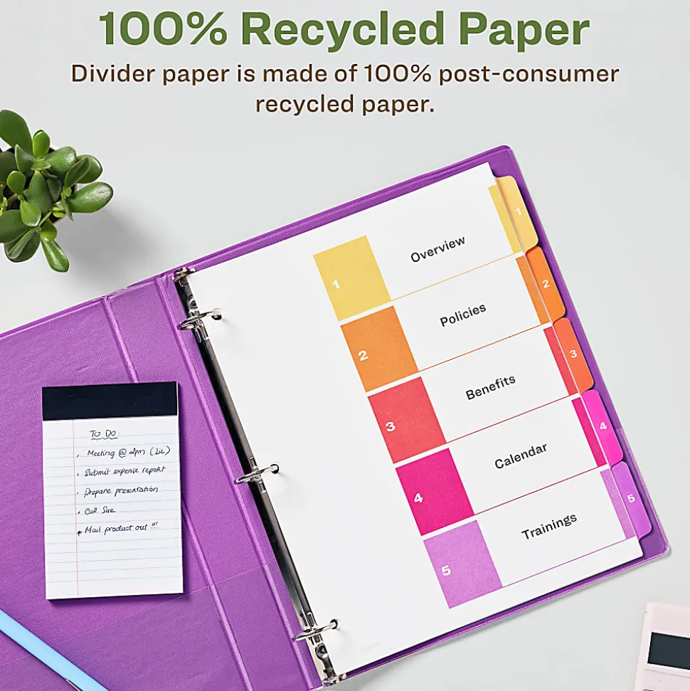Avery® Ready Index® 100% Recycled Dividers, 1-5 Tabs & Customizable Table Of Contents, Letter Size, White Dividers/Multicolor Tabs, Pack Of 3 Sets