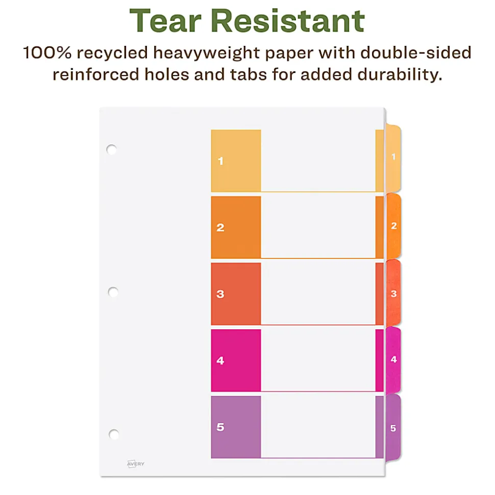 Avery® Ready Index® 100% Recycled Dividers, 1-5 Tabs & Customizable Table Of Contents, Letter Size, White Dividers/Multicolor Tabs, Pack Of 3 Sets