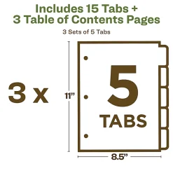 Avery® Ready Index® 100% Recycled Dividers, 1-5 Tabs & Customizable Table Of Contents, Letter Size, White Dividers/Multicolor Tabs, Pack Of 3 Sets