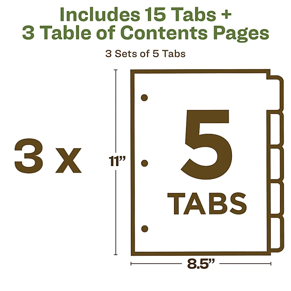 Avery® Ready Index® 100% Recycled Dividers, 1-5 Tabs & Customizable Table Of Contents, Letter Size, White Dividers/Multicolor Tabs, Pack Of 3 Sets