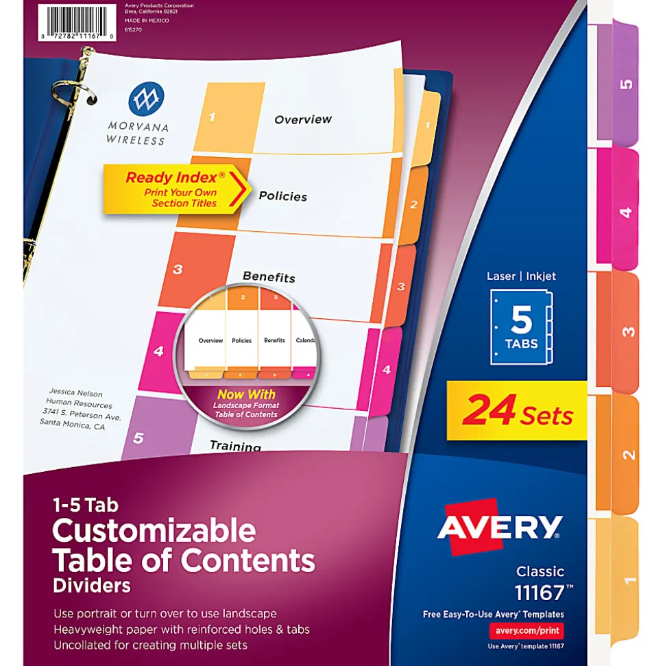Avery® Ready Index® 1-5 Tab Binder Dividers With Customizable Table of Contents, 8-1/2" x 11", 5 Tab, White/Multicolor, Box Of 24 Sets