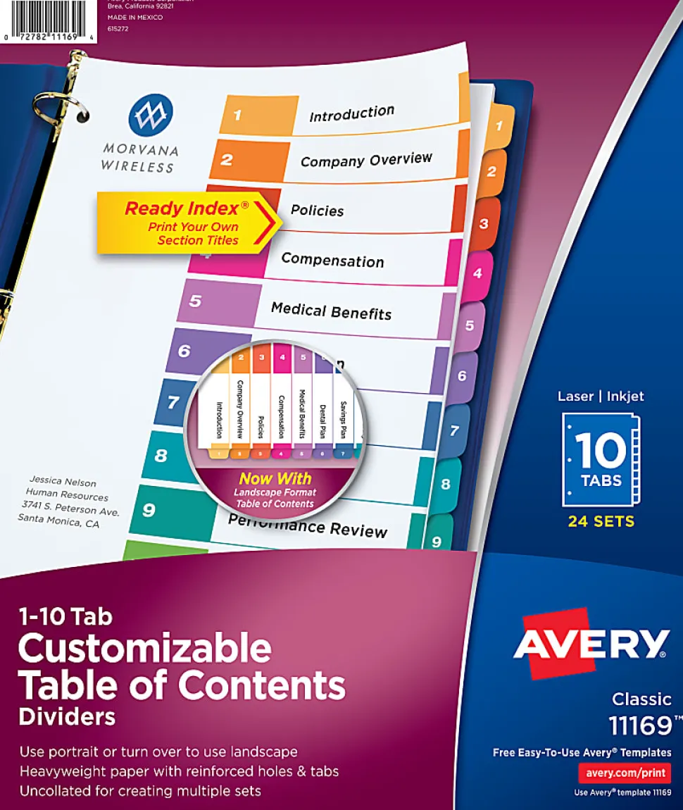 Avery® Ready Index® 1-10 Tab Binder Dividers With Customizable Table Of Contents, 8-1/2" x 11", 10 Tab, White/Multicolor, Box Of 24 Sets