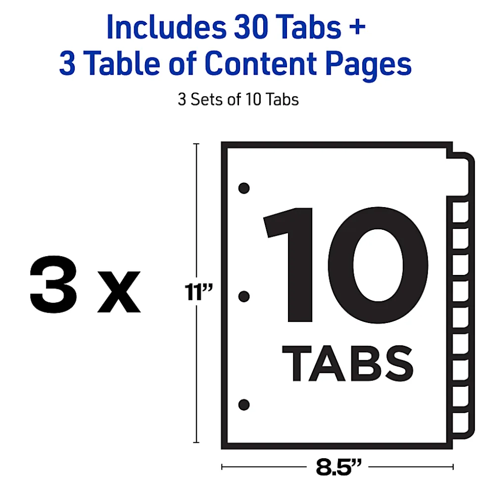 Avery® Ready Index® 1-10 Tab Binder Dividers With Customizable Table Of Contents, 8-1/2" x 11", 10 Tab, White/Multicolor, Pack Of 3 Sets