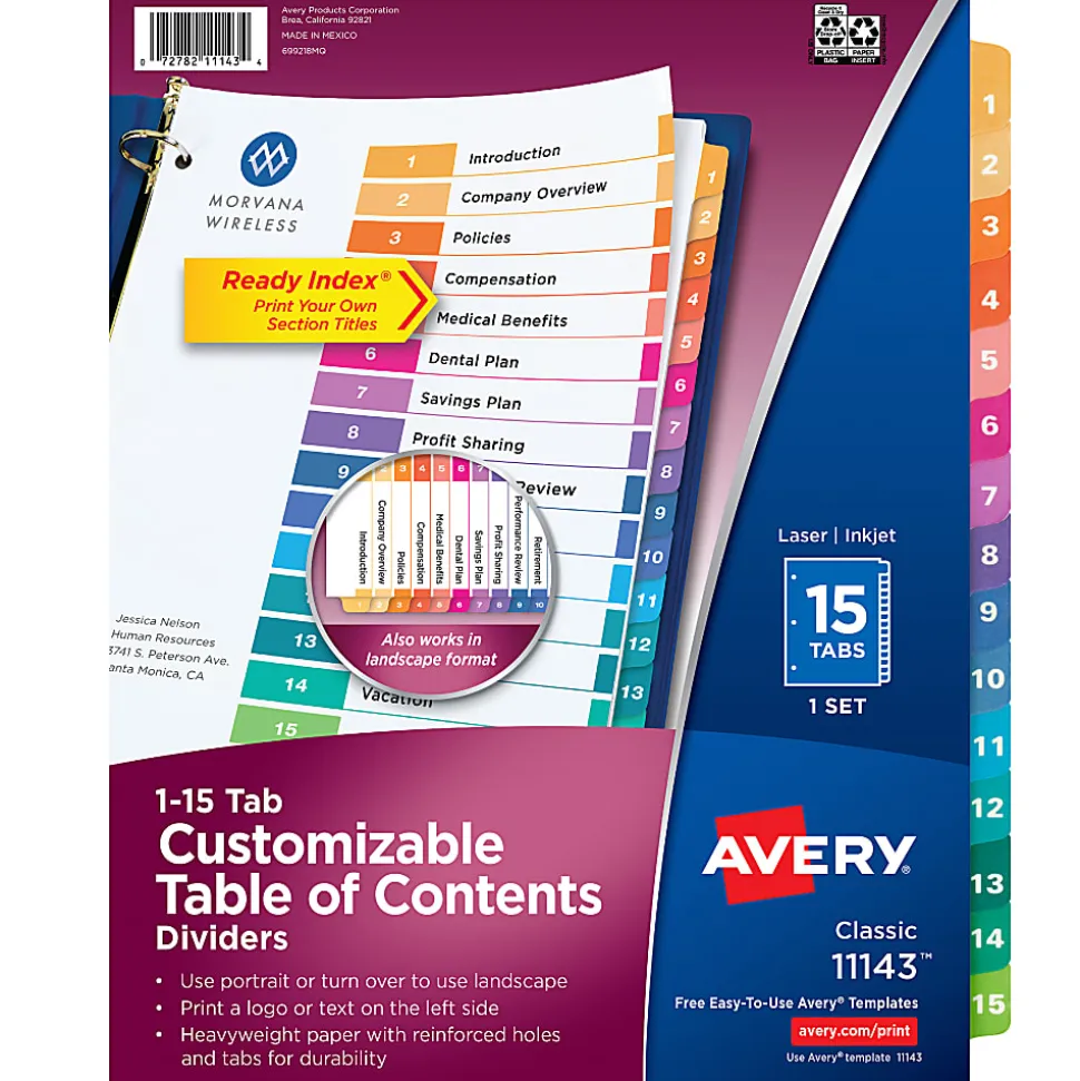 Avery® Ready Index® 1-15 Tab Binder Dividers With Customizable Table Of Contents, 8-1/2" x 11", 15 Tab, White/Multicolor, 1 Set