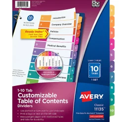 Avery® Ready Index® 1-10 Tab Binder Dividers With Customizable Table Of Contents, 8-1/2" x 11", 10 Tab, White/Multicolor, 1 Set