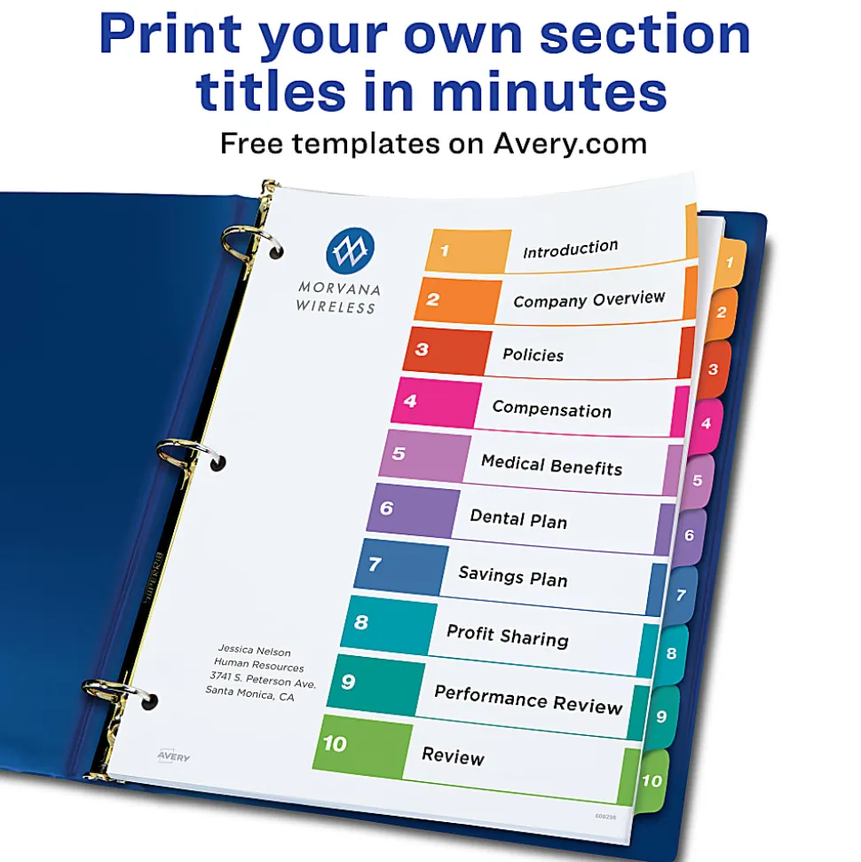 Avery® Ready Index® 1-10 Tab Binder Dividers With Customizable Table Of Contents, 8-1/2" x 11", 10 Tab, White/Multicolor, 1 Set