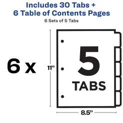 Avery® Ready Index® 1-5 Tab Binder Dividers With Customizable Table Of Contents, 8-1/2" x 11", 5 Tab, White/Multicolor, Pack Of 6 Sets