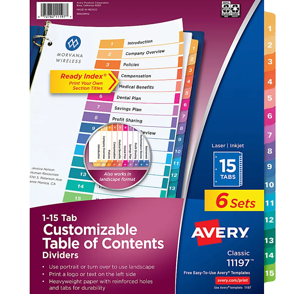 Avery® Ready Index® 1-15 Tab Binder Dividers With Customizable Table Of Contents, 8-1/2" x 11", 15 Tab, White/Multicolor, Pack Of 6 Sets