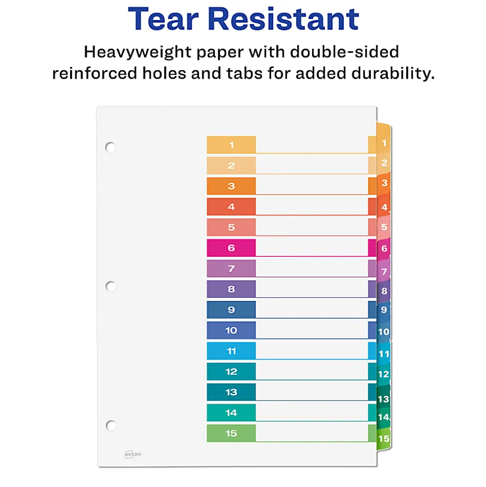 Avery® Ready Index® 1-15 Tab Binder Dividers With Customizable Table Of Contents, 8-1/2" x 11", 15 Tab, White/Multicolor, Pack Of 6 Sets