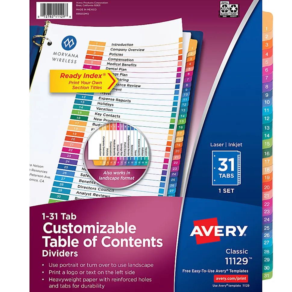 Avery® Ready Index® 1-31 Tab Binder Dividers With Customizable Table Of Contents, 8-1/2" x 11", 31 Tab, White/Multicolor, 1 Set