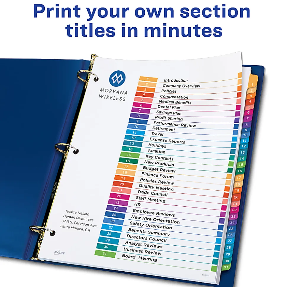 Avery® Ready Index® 1-31 Tab Binder Dividers With Customizable Table Of Contents, 8-1/2" x 11", 31 Tab, White/Multicolor, 1 Set