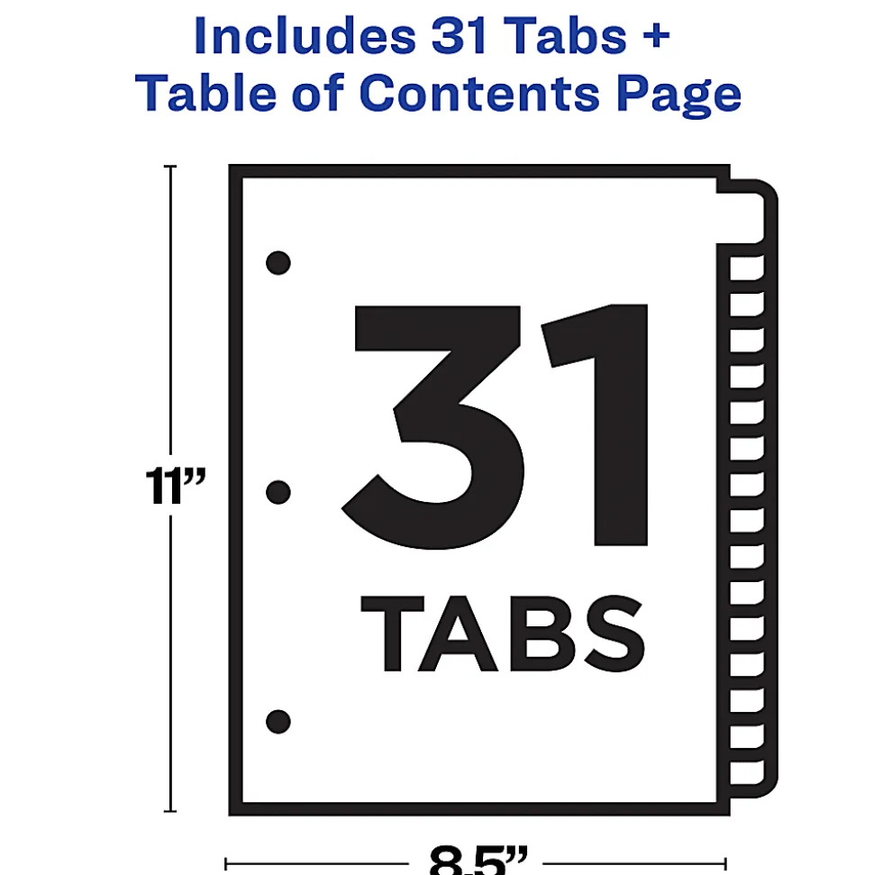 Avery® Ready Index® 1-31 Tab Binder Dividers With Customizable Table Of Contents, 8-1/2" x 11", 31 Tab, White/Multicolor, 1 Set
