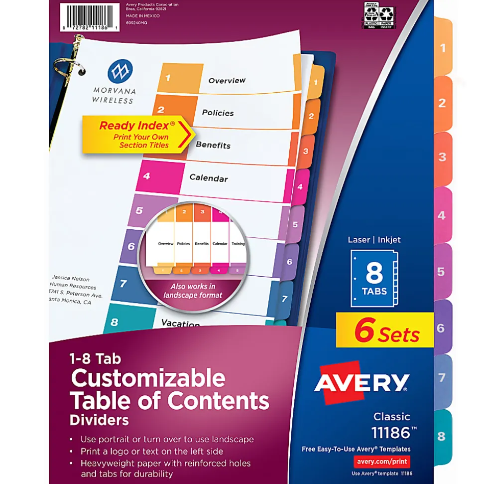 Avery® Ready Index® 1-8 Tab Binder Dividers With Customizable Table Of Contents, 8-1/2" x 11", 8 Tab, White/Multicolor, Pack Of 6 Sets