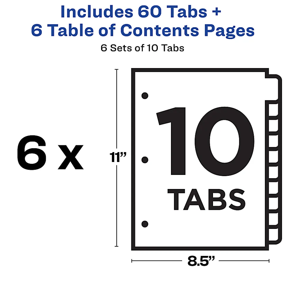 Avery® Ready Index® 1-10 Tab Binder Dividers With Customizable Table Of Contents, 8-1/2" x 11", 10 Tab, White/Multicolor, Pack Of 6 Sets