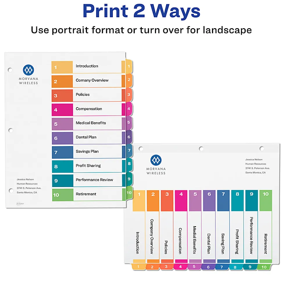 Avery® Ready Index® 1-10 Tab Binder Dividers With Customizable Table Of Contents, 8-1/2" x 11", 10 Tab, White/Multicolor, Pack Of 6 Sets