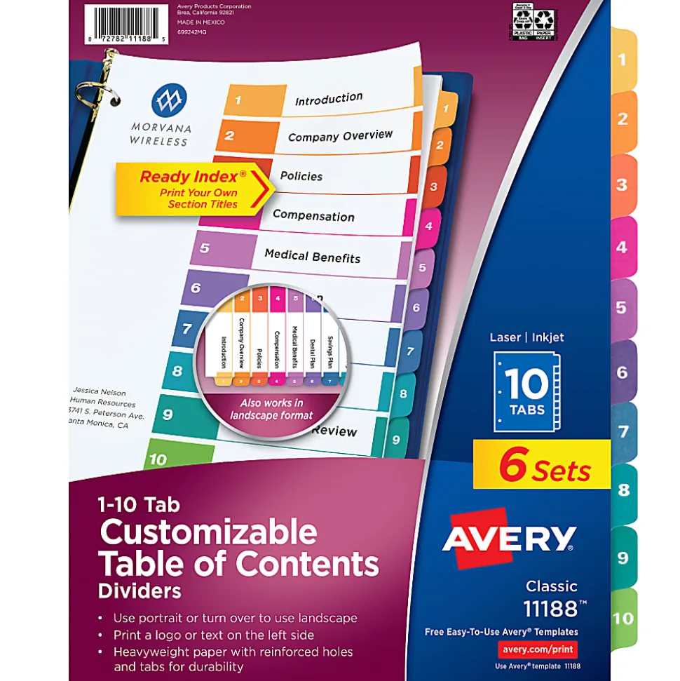 Avery® Ready Index® 1-10 Tab Binder Dividers With Customizable Table Of Contents, 8-1/2" x 11", 10 Tab, White/Multicolor, Pack Of 6 Sets
