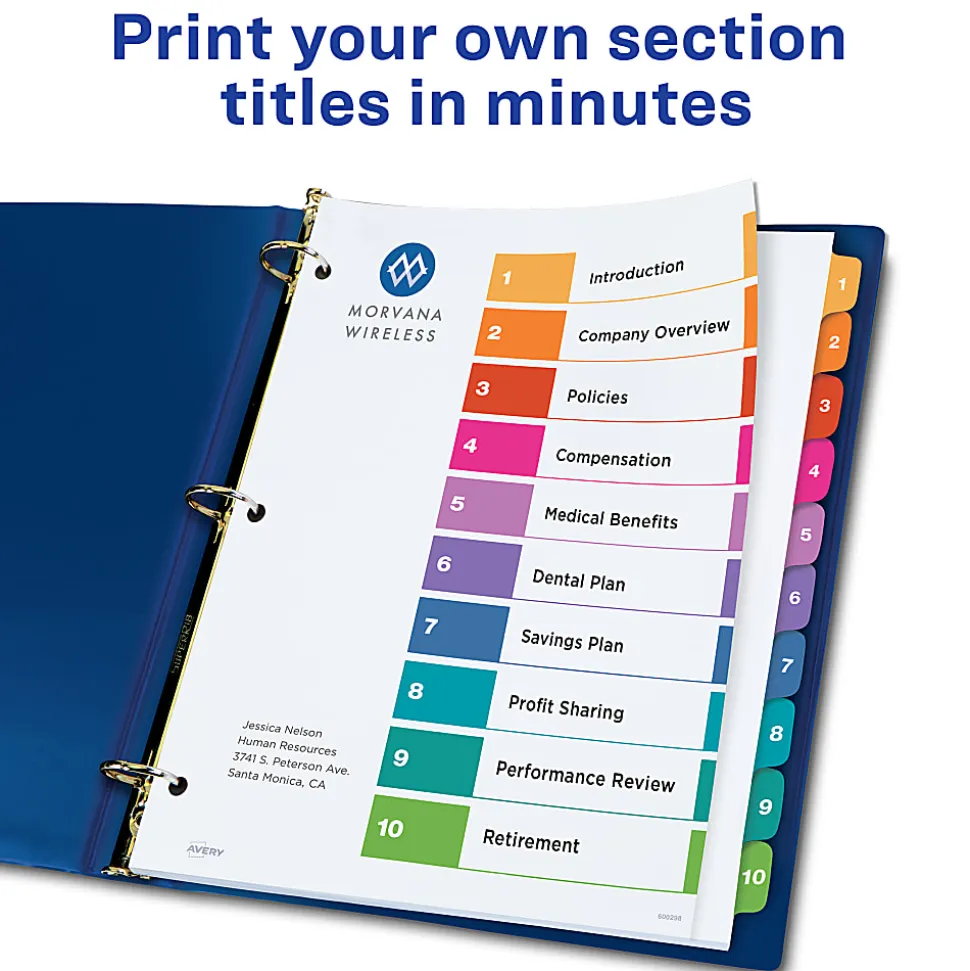 Avery® Ready Index® 1-10 Tab Binder Dividers With Customizable Table Of Contents, 8-1/2" x 11", 10 Tab, White/Multicolor, Pack Of 6 Sets