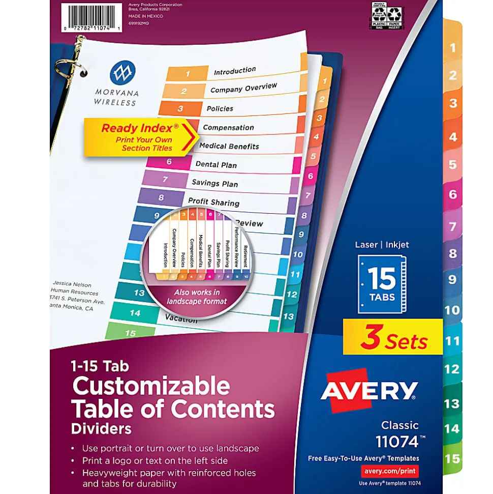 Avery® Ready Index® 1-15 Tab Binder Dividers With Customizable Table Of Contents, 8-1/2" x 11", 15 Tab, White/Multicolor, Pack Of 3 Sets