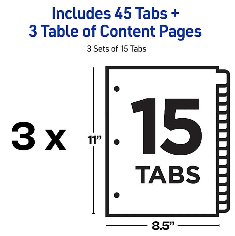 Avery® Ready Index® 1-15 Tab Binder Dividers With Customizable Table Of Contents, 8-1/2" x 11", 15 Tab, White/Multicolor, Pack Of 3 Sets