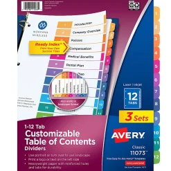 Avery® Ready Index® 1-12 Tab Binder Dividers With Customizable Table Of Contents, 8-1/2" x 11", 12 Tab, White/Multicolor, Pack Of 3 Sets