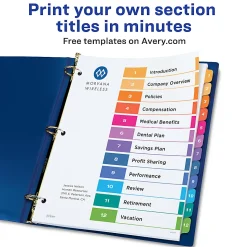 Avery® Ready Index® 1-12 Tab Binder Dividers With Customizable Table Of Contents, 8-1/2" x 11", 12 Tab, White/Multicolor, Pack Of 3 Sets