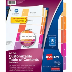 Avery® Ready Index® 1-5 Tab Binder Dividers With Customizable Table Of Contents, 8-1/2" x 11", 5 Tab, White/Multicolor, 1 Set