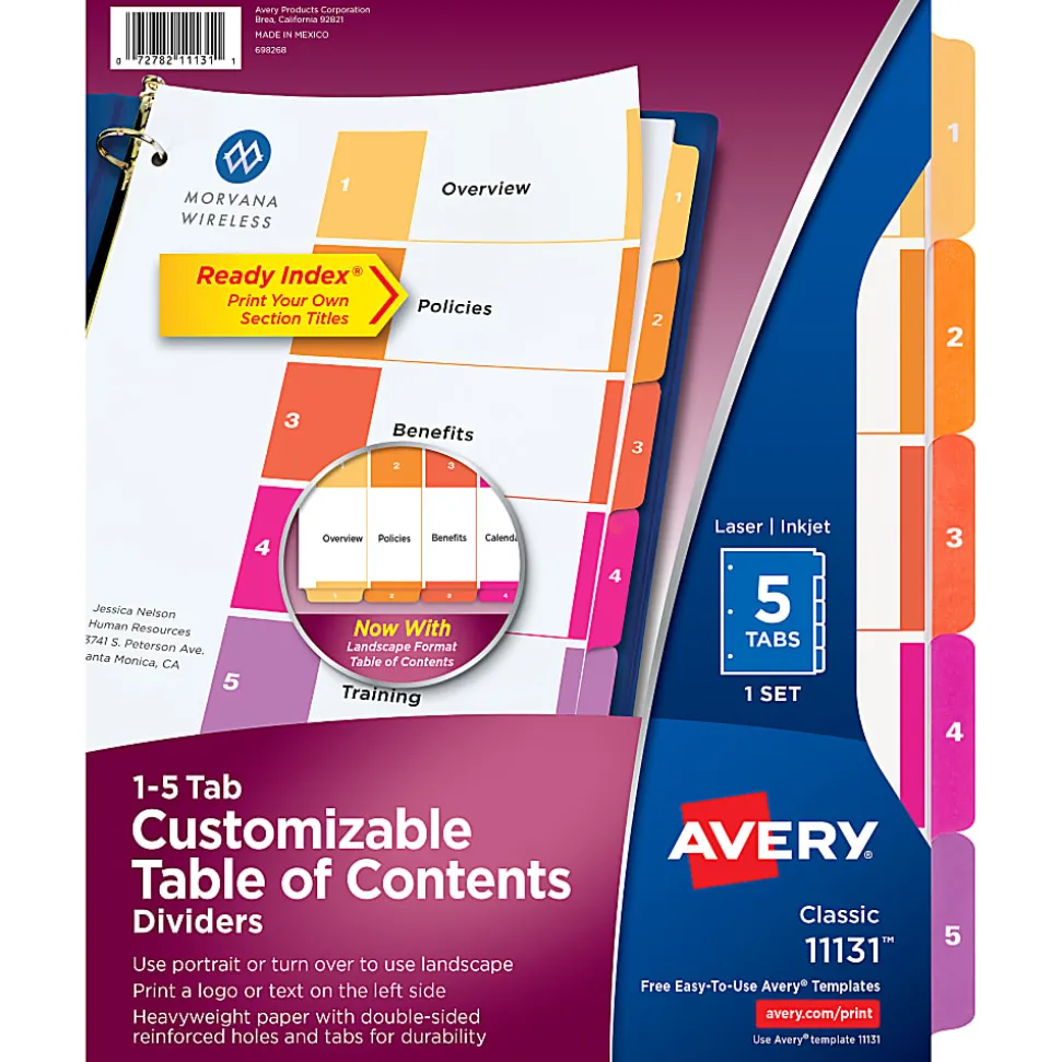 Avery® Ready Index® 1-5 Tab Binder Dividers With Customizable Table Of Contents, 8-1/2" x 11", 5 Tab, White/Multicolor, 1 Set