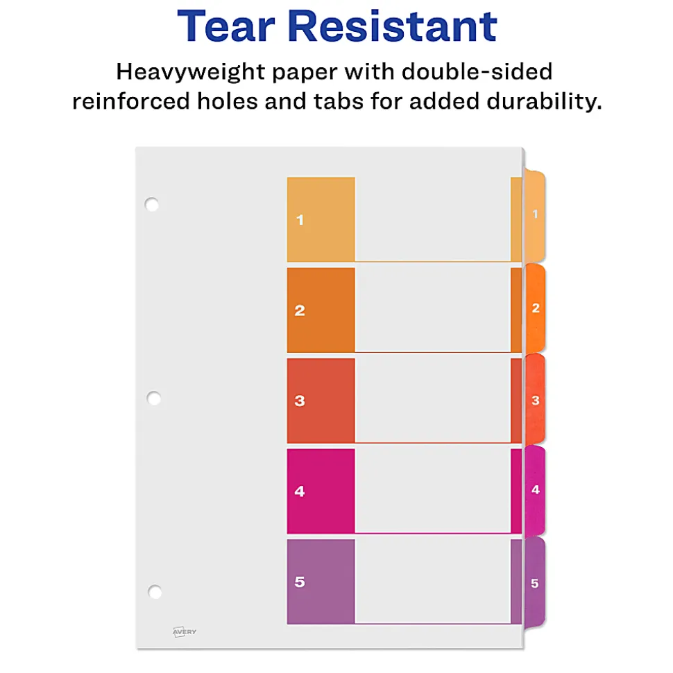 Avery® Ready Index® 1-5 Tab Binder Dividers With Customizable Table Of Contents, 8-1/2" x 11", 5 Tab, White/Multicolor, 1 Set