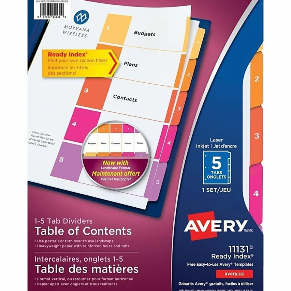 Avery® Ready Index® 1-5 Tab Binder Dividers With Customizable Table Of Contents, 8-1/2" x 11", 5 Tab, White/Multicolor, 1 Set