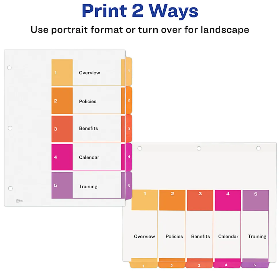 Avery® Ready Index® 1-5 Tab Binder Dividers With Customizable Table Of Contents, 8-1/2" x 11", 5 Tab, White/Multicolor, 1 Set