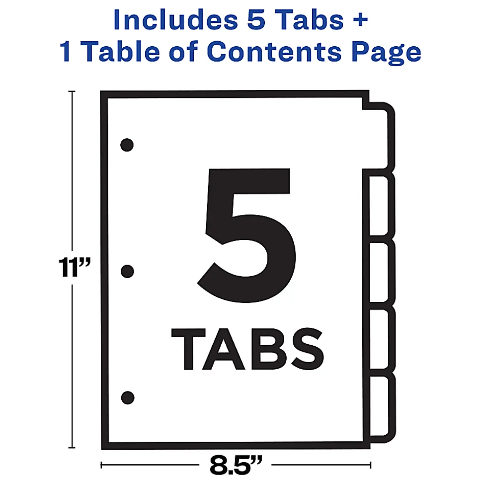Avery® Ready Index® 1-5 Tab Binder Dividers With Customizable Table Of Contents, 8-1/2" x 11", 5 Tab, White/Multicolor, 1 Set