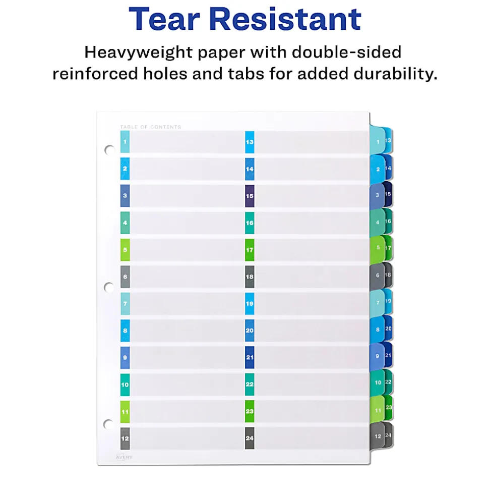 Avery® Ready Index® 1-24 Tab Double Column Binder Dividers With Customizable Table Of Contents, 8-1/2" x 11", 24 Tab, White/Multicolor, 1 Set